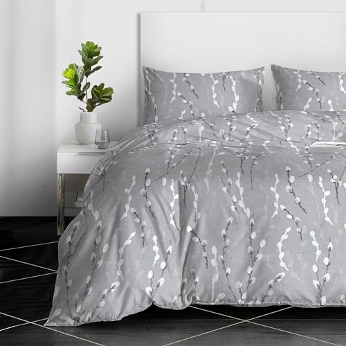 RAYBedding 3PCS Duvet Set 100% Egyptian Cotton Double Bed Set 400 Thread Count Floral Printed Silver Mist Duvet Cover with Pillow Cases 2 Pack