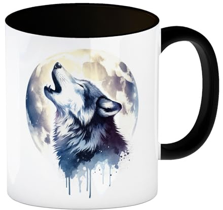 Wolf im Mondschein Kaffeebecher in schwarz Heulender Wolf im Mondschein Kaffeebecher in schwarz Nacht Natur Motiv Wildtier unter Himmel Dunkelheit Tasse Wolftasse
