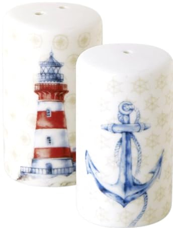 Nautical Themed Porcelain Lighthouse/Anchor Cruet Set - Salt & Pepper Pots/Shakers - Red, White, Cream - 6 cm