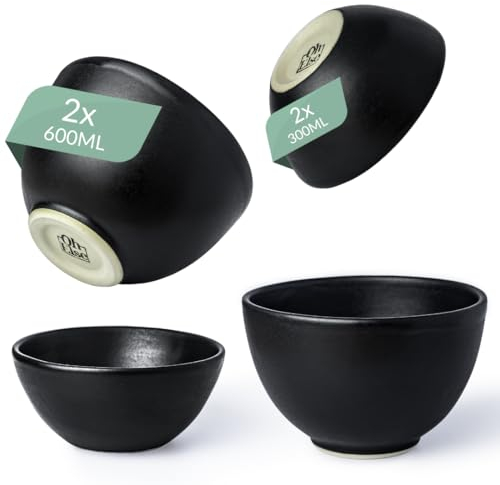 Oh Else® 4er Schüssel Set – handgefertigte Keramikschalen aus Österreich – 2x 300 & 600ml - spülmaschinenfest – lebensmittelecht – Steinzeug – stapelbar – Ideal für Suppe, Pho, Ramen & Dips – schwarz