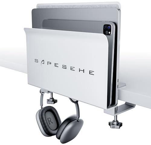 SAPESEHE Under Desk Laptop Mount, Hanging Organizer with 2 Under Desk Hooks, Side Storage for Laptops, 22 lb Load Capacity [White]