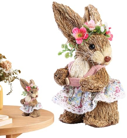Xeihuul Conejo de Pascua de paja – 15 cm figura de conejo grande para Pascua, figura de conejo de paja con guirnalda, conejo de Pascua de paja para estudio, terraza, jardín