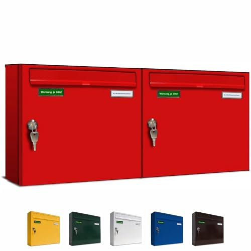AL Briefkastensysteme Basic 2er Briefkasten RAL 3000 Feuer Rot 2 Fächer DIN A4 wetterfest Briefkastenanlage mit Posthaltebügel und 2 Namensschildern