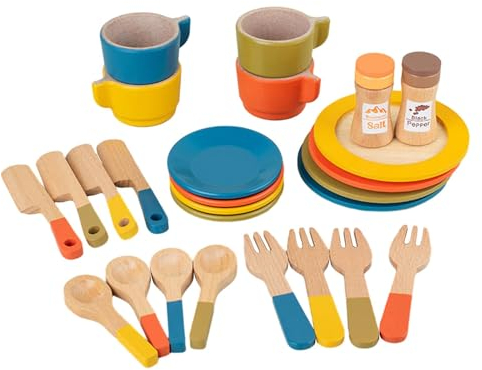 Wooden Toy Plates Dishes Pretend Play Playset, Role Play Cups Spoons Play Cutlery Plate Set Montessori for Girls
