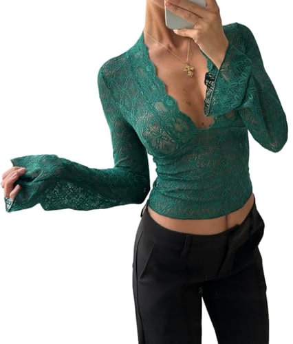 Geagodelia Women's Sexy Mesh Top Ladies Elegant See Through Lace Top Long Sleeve Shirt/Tank Top Y2k Fashion Aesthetic Clothes Clubwear Party Going Out Summer Outfit (D - Green Long Sleeve, L)