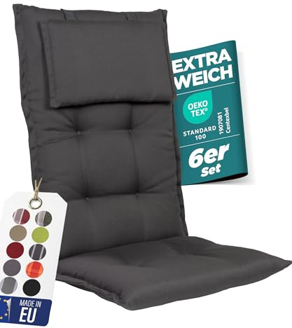 gardisun Gartenstuhlauflagen Hochlehner mit Kopfteil, 6er Set, Anthrazit | Extra Dicke Sitzauflagen, Made in EU, Polsterauflagen für Hochlehner, Auflagen mit extra hoher Lichtechtheit