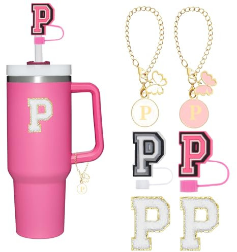 Reusable Straw Cover for Stanley Cup Accessories,2Pcs Dustproof Straw Covers with Letter Charms and Personalized Name Stickers(P)