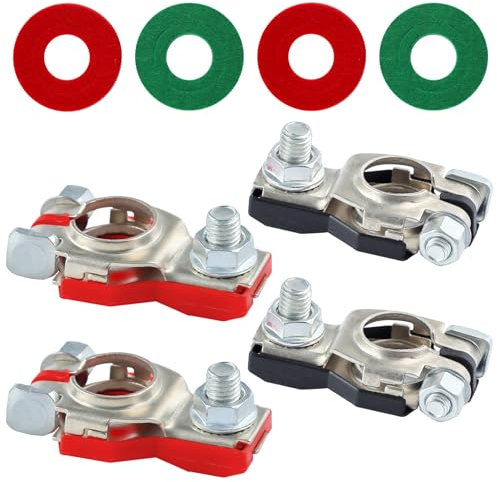 LEONTOOL 2 Pair Battery Terminal Connectors for Nissan Sentra Murano 243407F000 243407F001, Copper Tinned Top Post Battery Cable Terminal Clamp Set, Positive and Negative with Plastic Cover and Washer