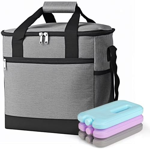 Ultimate Insulated Cooler Bag with Free 3Pcs Ice Packs - Dual-Compartment Waterproof Lunch Bag for 24 Cans - Perfect for Beach, Travel, Work, Picnic | Leak-Proof & 20 Hours Cooling (Grey)