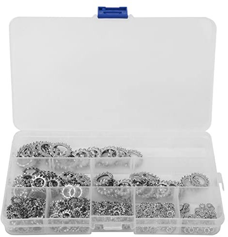 Arandela Dentada de Acero Inoxidable, 300 Piezas Surtido de Juntas Externas Antisueltas para M2.5, M12 con Clip de Rodamiento, Hecha de Acero Inoxidable 304, Práctica Caja de