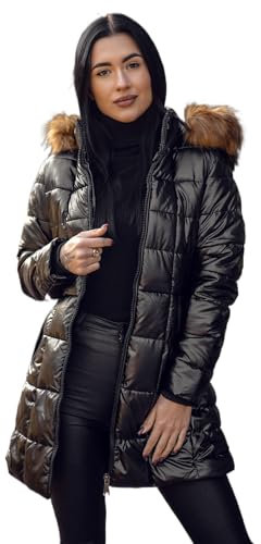BOLF Damen Winterjacke Parka Gefüttert Kapuze Wintermantel Lange Steppjacke Daunenjacke Puffermantel Sportjacke Warm Gefüttert Freizeit Outdoor Casual Style 16M9120 Schwarz-Braun L [D4D]