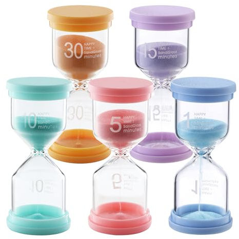 5 Stück Bunter Sanduhren Set für Kinder mit 1/5/10/15/30 Minuten, Sanduhr für Lernen, Spiel Timing, Kreative Geschenke und Dekoration im Home Office