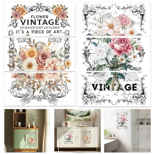 GLOBLELAND 6 Sheets Vintage Flowers Furniture Transfer 11.8x5.9inch Retro Frame Text Rub on Transfer UV Self-Adhesive Stickers Wall Art Craft for Bedroom Living Room Desk Table