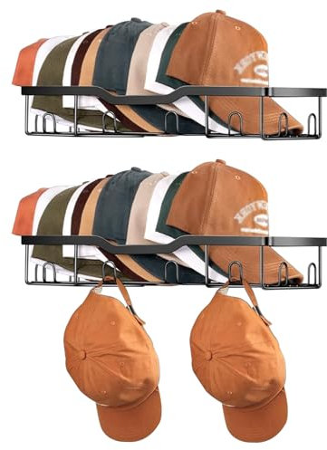 ZoeQide Porta Cappellini da Parete in Metallo – Set da 2 Organizzatori per 20 Cappelli – Supporto a Muro per Cappellini, Berretti, Snapback – Mensola Salvaspazio per Camera, Ingresso, Pareti – Nero