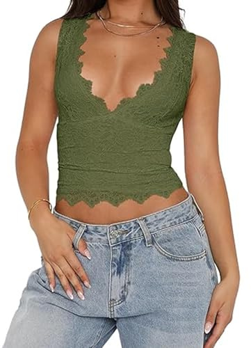 RUIWANBBY Womens Sexy V-Neck Going Out Cropped Tank Tops Sleeveless Corset Crop Tops Y2K Trendy Lace Camisole Vest Streetwear