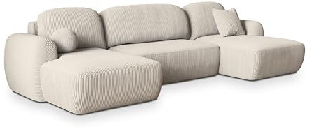 Masseno Ecksofa Savona P mit Schlaffunktion U-Form, Sofa mit Bettkasten, Wohnzimmersofa, Couch, Soffa, Bettsofa, Couchgarnitur- Creme, POSO 100
