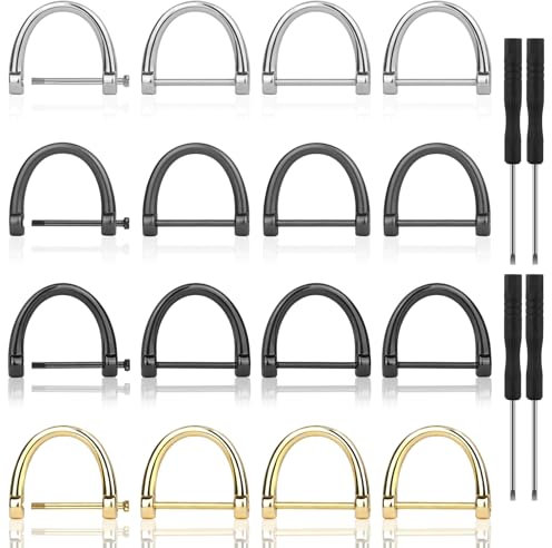 Notoke Lot de 16 anneaux à vis en D - Anneaux en métal en forme de U - Pour le travail du cuir, les portefeuilles, les porte-clés et les projets de bricolage avec 4 tournevis (or, argent, noir, bronze