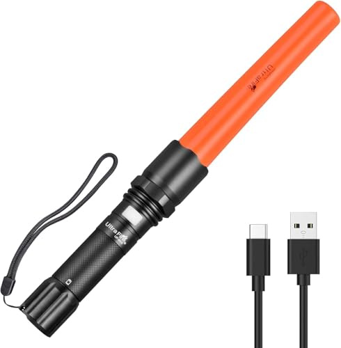 UltraFire 12 Zoll Wiederaufladbare Verkehrsstab LED Taschenlampe, 619 Lumen Safety Taschenlampe, 3 Modi mit Rotem Blinkmodus, USB-C, für Verkehrskontrolle, Flughafen, Feuerwehr, Parken, Camping