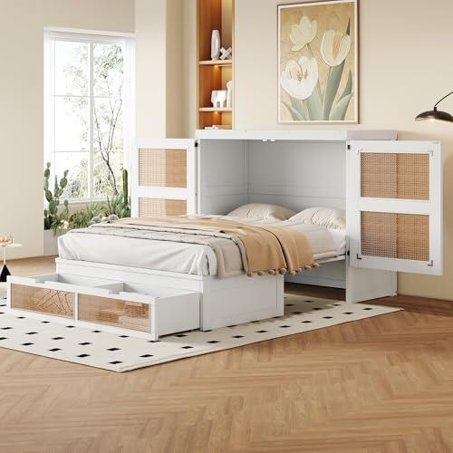 OKMYHOME Klappbett, 140 x 200 cm – vertikales Wandbett mit 2 Schubladen, Struktur aus Kiefernholz und MDF, ohne Matratze, weiß