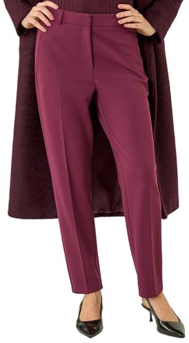 Roman Straight Leg Stretch Trousers for Women UK Ladies Work Office Smart Suit Pants Slacks Cigarette Tailored High Elasticated Waist Ankle Grazer Slim Angela - Aubergine (Long) - Size 18