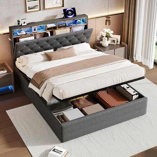 Merax King Size Ottoman Bed Frame with Concealed Headboard Storage, Button Tufted Headboard with RGB LED Lighting and Charging Station, USB and Type - C Ports, Linen, Grey/150x200 cm (No Mattress)
