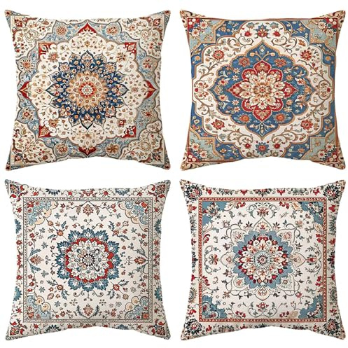 Boho Kissenbezug 45x45 cm Blau Rot 4er-Set, Weicher Samt Dekokissen Kissen | Boho Cushion Covers Kissen Zierkissenbezüge Sofakissen Home Deko Decoration für Wohnzimmer Sofa Couch Schlafzimmer Dekokissen