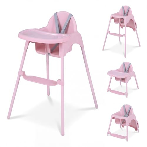 COSTWAY 4 in 1 Hochstuhl Baby, Kinderhochstuhl mit 2 Höhen, abnehmbarem Doppeltablett, Sicherheitsgurt & umkehrbarer Fußstütze, Babystuhl aus Metall, Babyhochstuhl für Kinder von 6-36 Monaten (Rosa)