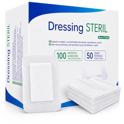 Pack 150 Unidades, 100 Apósitos Adhesivos Estériles Transpirables (5cm x 7,2cm) + 50 Gasas Esteriles de Tejido Sin Tejer (5cm x 5cm) Apositos Adhesivos Parches para Heridas Compresas de Curación
