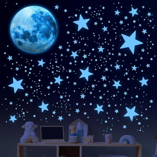 500 Stück Leuchtsterne Kinderzimmer Leuchtsterne Selbstklebend Sterne | Leuchtende Sterne für Kinderzimmer,Mond und Sterne Wandtattoo für Kindergarten,Jungen Mädchen Schlafzimmer