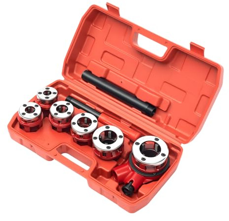 Jeu de 9 pièces - Filetage avec 6 têtes de coupe pour filetage de tuyau BSPT R 1/4-1-1/4 - Filetage manuel avec tête de coupe en aluminium pour installation et réparation