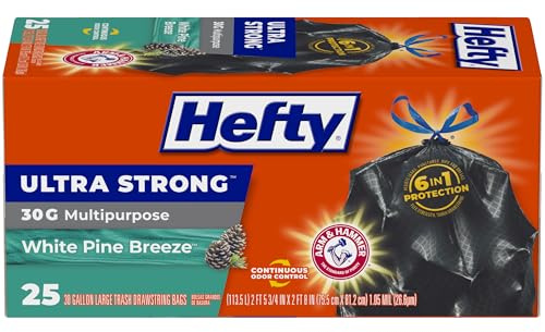 Hefty Ultra Strong Multipurpose Large Trash Bags, Black, White Pine Breeze Scent, 30 Gallon, 25 Count