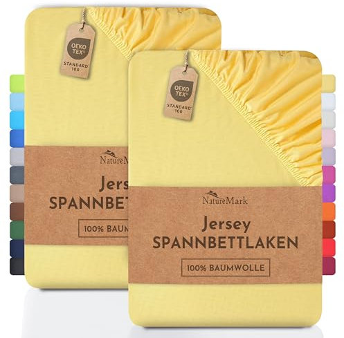 NatureMark 2er Pack Jersey Spannbettlaken, Spannbetttuch 100% Baumwolle in vielen Größen und Farben MARKENQUALITÄT ÖKOTEX Standard 100 | 140 x 200 cm - 160 x 200 cm - gelb