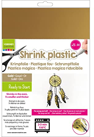 Vaessen Creative 1611-208 Schrumpffolie A4, Silber, 25 Stück, Shrink Plastic, Schrumpfende Plastikfolie zum Basteln von Schmuck, Schlüsselanhängern, Knöpfen und Weiteren Bastelideen, Gold