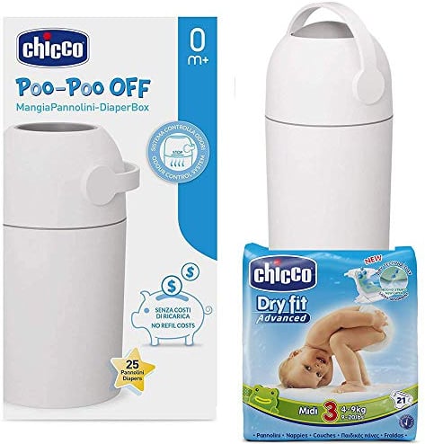CHICCO Starter-Set: ODOUR OFF Windeleimer silber - geruchsdichtes System, herkömmliche Tüten verwendbar + CHICCO Windeln Midi Gr. 3 (4-9 kg)