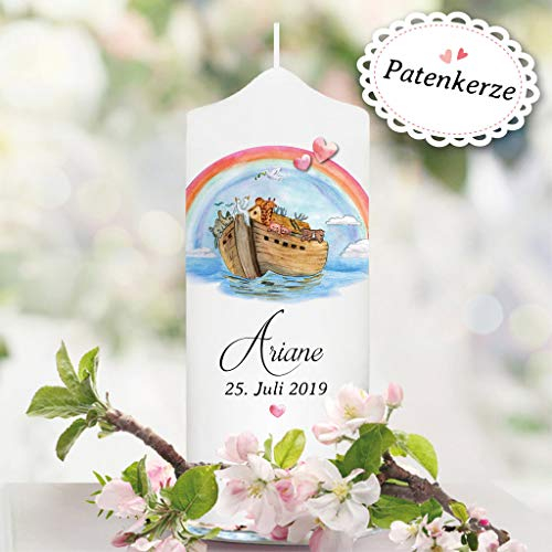Taufkerze für Paten Arche Noah mit Tieren und Wunschdaten - Patenkerze zur Taufe, Geburt oder Kommunion – Kerze weiß 18 x 7 cm mit Name und Datum
