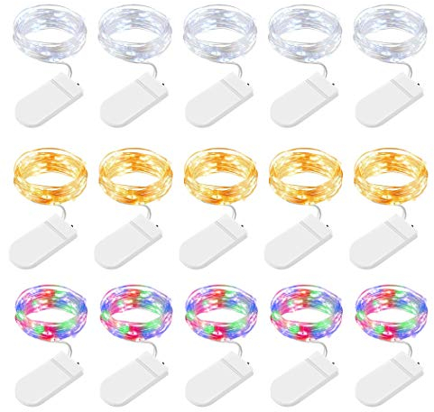 BROTOU LED String Lights 15 Pack, 2M 20 LED Battery Operated Fairy Lights, Waterproof Silver Wire Lights for in/Outdoor Decoration, DIY Parties of Christmas, Halloween, Valentine, Birthday(3 Colors)