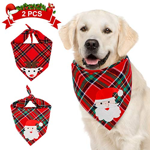 QKURT 2 Stück Weihnachten Plaid Dog Bandana, Weihnachten Classic Plaid Santa Claus und Elk Pet Triangle Lätzchen Schal Zubehör für große Hunde Katzen Haustiere