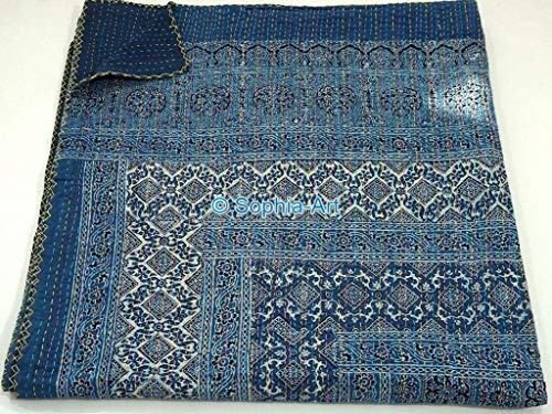 Sophia-Art California King/King/Twin Size Bohemian Hand Block Ajrak Vintage Print Bedspread Kantha Blanket Bed Cover, Sofa Cover Hand Stitch Throw Quilt 228 x 274 cm