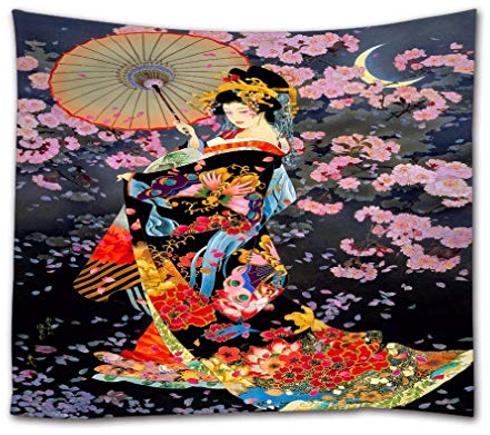 A.Monamour Wandteppich Blumenhintergrund Der Japanischen Frau Geisha Vintage Stoff Tapisserie Wandbehang Wanddeko Wandkunst Wandbilder Wandtuch für Wohnzimmer Schlafzimmer