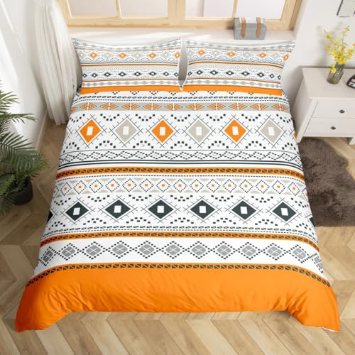 Boho Stripe Duvet Cover Set Bohemian Bedding Set for Boys Girls Soft Reversible Gird Plaid Cube Comforter Cover Set with Zipper Closure King Size with 2 Pillowcase