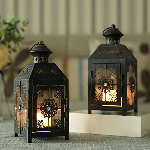 JHY DESIGN Juego de 2 Linterna Decorativa Linterna de Vela de Metal de 23 cm de Altura Linterna Colgante de Estilo Vintage para Fiestas de Bodas Jardín Sala de Estar Interiores Exteriores (Negro)