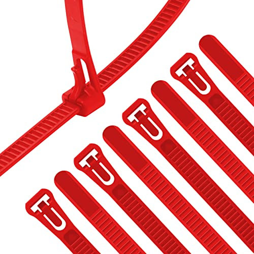 XINGO 100PCS Reusable Cable Ties Red, 200mm x 7.6mm, Releasable Adjustable Wire Cable Ties, Multi-Purpose Use Plastic Tie Wire for Indoor and Outdoor