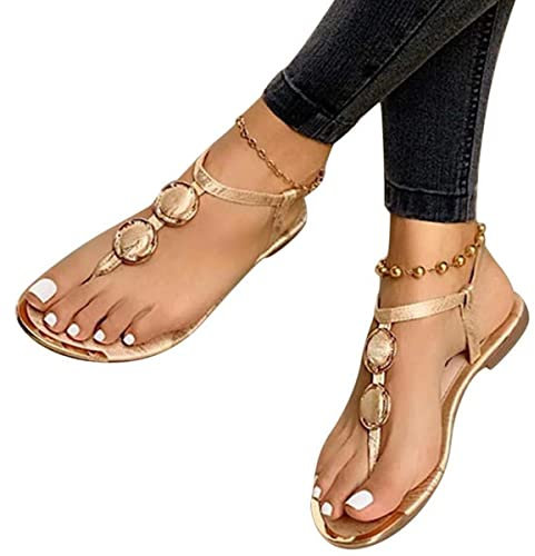 ticticlily Sandales Femmes Plates Bout Ouvert Chaussures Été Boho à Plats Claquettes Nu Pieds Semelle Confortable Sandales de Plage A Or 35 EU