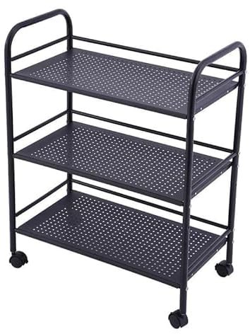 Multibao Black Metal 3-Tier Kitchen Car Shelf Utility/Service Cart Storage Trolley with Locking Wheels for Hotels, Restaurants - 60cm x 32cm x 75cm