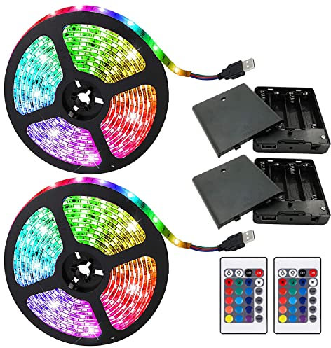 Two Sets Battery Powered Led Strip Lights, 5050 2M/6.6FT, Flexible Color Changing RGB LED Light Strip, 60 LEDs 5V Battery-Powered with Controller. (2)