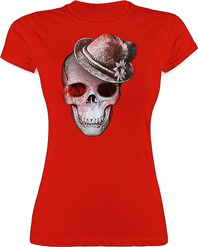 Shirt Damen - Kompatibel Oktoberfest - Totenkopf mit Filzhut - XL - Rot - trachtenshirts trachtenshirt bayrische Skull Funshirts für Frauen trachtentshirt Trachten t Shirts bayrisch bayernhut