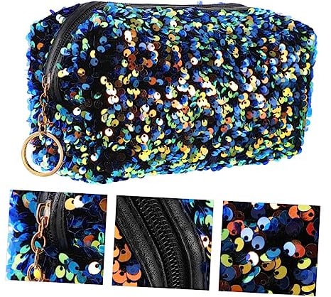 Trousse de Maquillage à Paillettes Carrée Bleue en Oxford et Velours