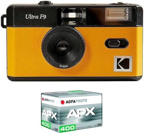 KODAK Pack F9 argento + pellicola 400 ASA – Fotocamera ricaricabile 35 mm giallo, obiettivo grandangolare fisso, mirino ottico, flash integrato + pellicola APX 00, 36 posizioni