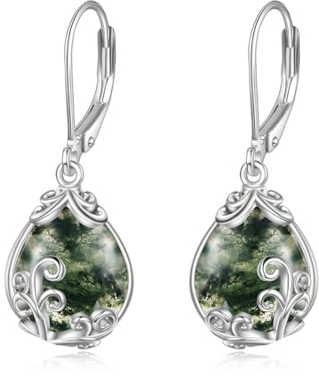 POPLYKE Moosachat Filigrane Tropfen Ohrringe Sterling Silber Ohrringe mit Kappe Schmuck für Frauen