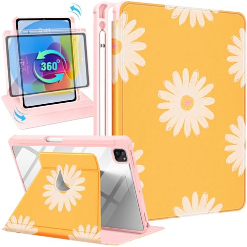Uppuppy for iPad Pro 12.9 Case Folio Cover with Pencil Holder Girls Women Cute Kids Girly Flower Pretty Floral Kawaii Yellow Rotating Stand for Apple iPad Pro 12.9 Inch Cases 2022/2021/2020/2018